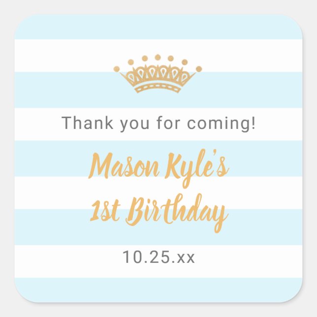 Adesivo Quadrado Obrigado festa de aniversário Dourada azul (Frente)