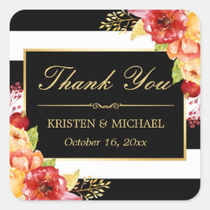 Adesivo Quadrado Obrigado floral amarelo vermelho Dourado elegante