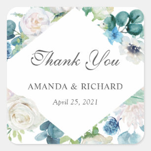 Adesivo Quadrado Obrigado floral branco azul do casamento do verde