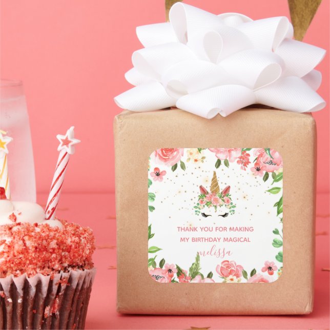 Adesivo Quadrado obrigado floral com pincel unicórnio sonolento par (Festa)