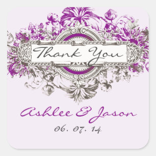 Adesivo Quadrado Obrigado floral do casamento do vintage roxo do
