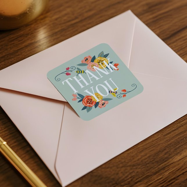 Adesivo Quadrado Obrigado! | Flores Florais Vibrantes E Abelhas De  (Thank You | Vibrant Floral Wildflowers & Honey Bee Square Sticker)