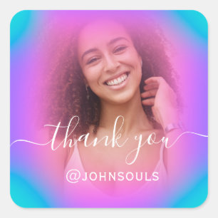 Adesivo Quadrado Obrigado Foto Neon Holográfico Rosa Casamento Swee