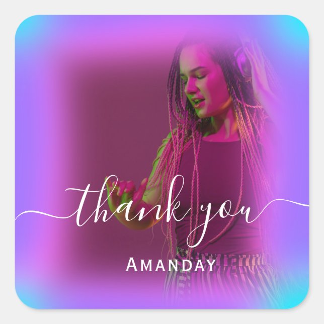 Adesivo Quadrado Obrigado Foto Neon Pink Holograph Singer Music Gir (Frente)
