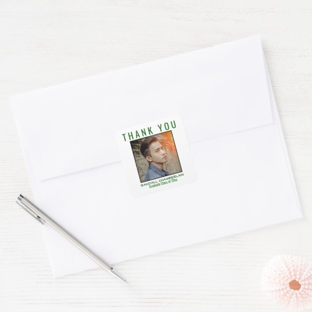 Adesivo Quadrado Obrigado Graduação Foto Personalizada Preta Verde (Envelope)