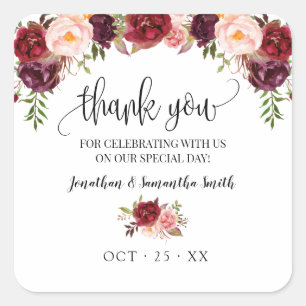Adesivo Quadrado Obrigado Marsala floral boho de casamento