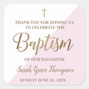 Adesivo Quadrado Obrigado moderno personalizado do baptismo do rosa