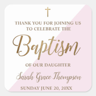 Adesivo Quadrado Obrigado moderno personalizado do baptismo do rosa