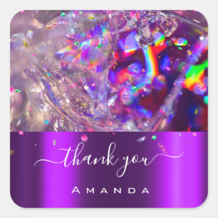 Adesivo Quadrado Obrigado Nome 16º Bridal Roxo-Rosa Arco-Íris