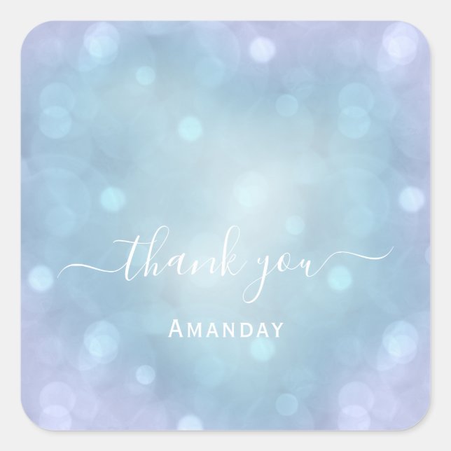 Adesivo Quadrado Obrigado Nome Azul Aqua Casamento Pastel Sweet16 (Frente)
