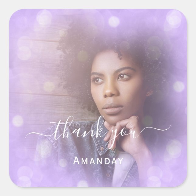 Adesivo Quadrado Obrigado Nome Foto Roxo Bridal Sweet16 (Frente)