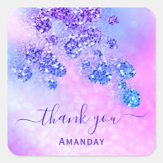 Adesivo Quadrado Obrigado Nome Holográfico Rosa Noiva Azul Cobalto  (Frente)