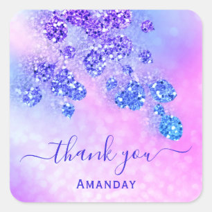 Adesivo Quadrado Obrigado Nome Holográfico Rosa Noivado Azul Cobalt