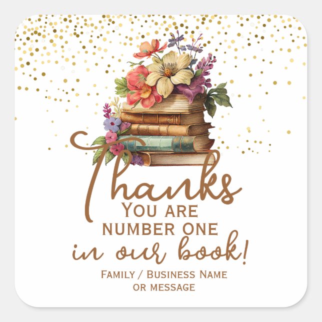 Adesivo Quadrado Obrigado Número Um no nosso Livro (Frente)