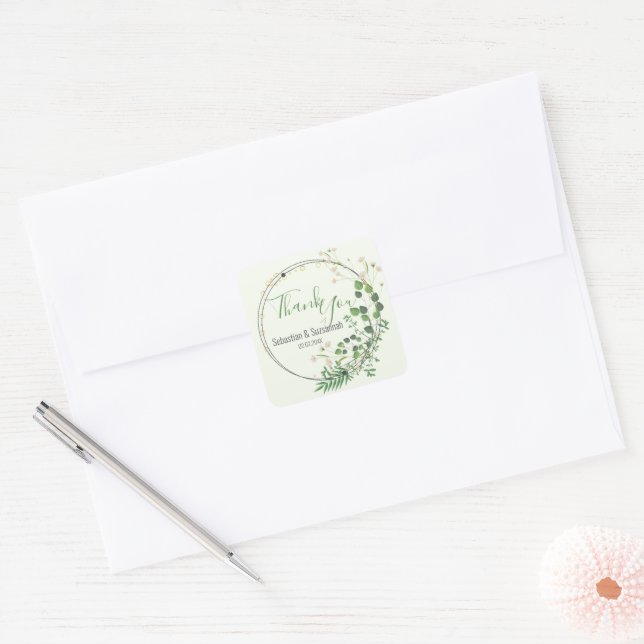 Adesivo Quadrado Obrigado Pastel Green Greenery Wreath (Envelope)