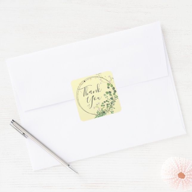Adesivo Quadrado Obrigado Pastel Yellow Greenery Wreath (Envelope)