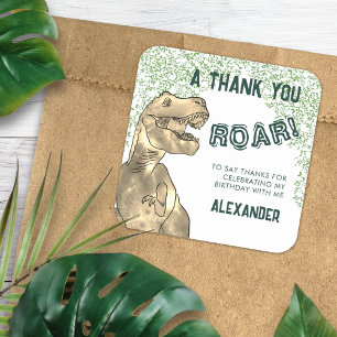 Adesivo Quadrado Obrigado pelo aniversário do dinossauro T-Rex