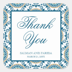Adesivo Quadrado Obrigado persa azul elegante do casamento do