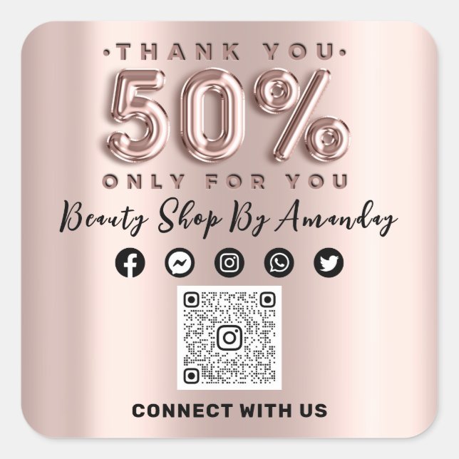 Adesivo Quadrado Obrigado por Comprar Rosa 50% Off QR CODE Online (Frente)