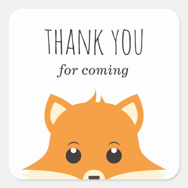 Adesivo Quadrado Obrigado por ter vindo. Chá de fraldas de Raposa.  (Frente)