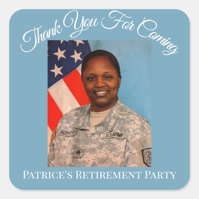 Adesivo Quadrado Obrigado por vir a foto de aposentadoria de Patric (Frente)