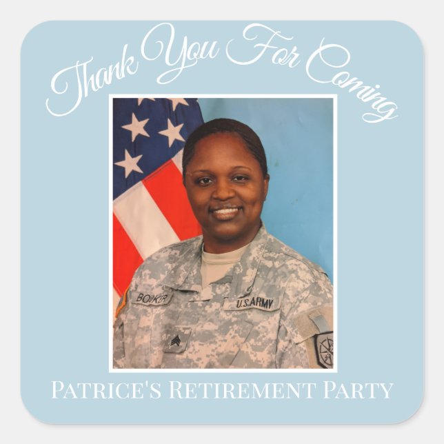 Adesivo Quadrado Obrigado por vir o azul de aposentadoria de Patric (Frente)