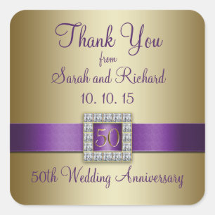 Adesivo Quadrado Obrigado roxo do aniversário de casamento do ouro