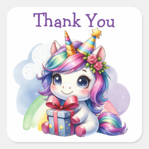 Adesivo Quadrado Obrigado!   Unicórnio de Aniversário da Menina