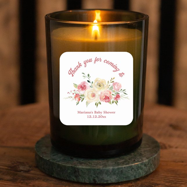 Adesivo Quadrado obrigado você Chá de fraldas aquarela floral (Criador carregado)