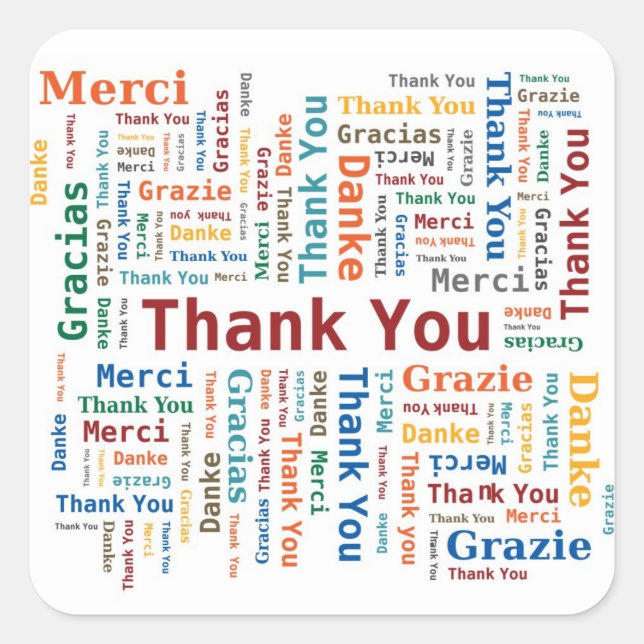 Adesivo Quadrado Obrigado Word Cloud em 5 idiomas (Frente)