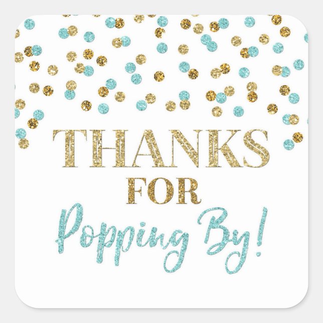 Adesivo Quadrado Obrigados Azuis Dourados de Confetti para Pop by (Frente)