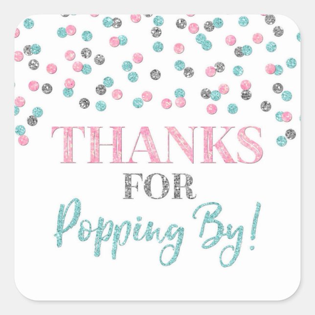 Adesivo Quadrado Obrigados de Confetti Azul Rosa-Prateado para Pop- (Frente)