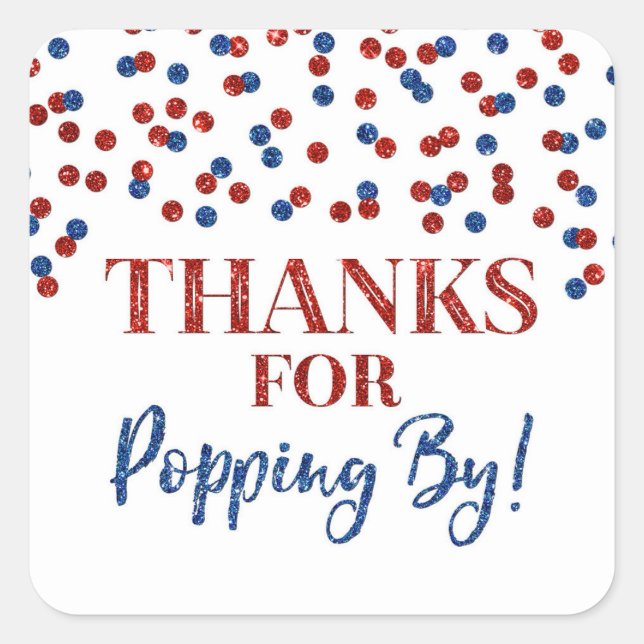 Adesivo Quadrado Obrigados de Confetti Azul Vermelho para Pop by (Frente)