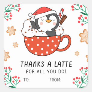 Adesivo Quadrado Obrigados de pinguim de Natal a Latte