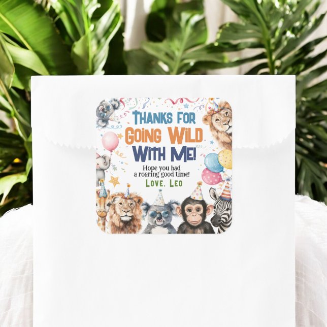Adesivo Quadrado Obrigados Safari de primeiros aniversarios de anim (Wild Party Animals 1st Birthday Safari Thanks Square Sticker)