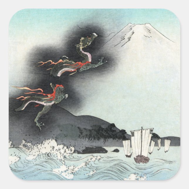 Adesivo Quadrado Ocean Dragon Rising to Mt. Fuji HOKUSAI Ukiyo-e (Frente)