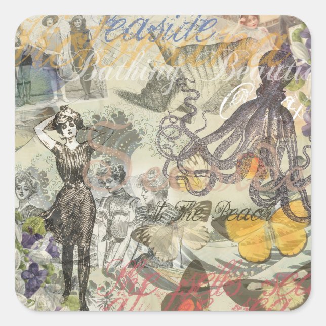 Adesivo Quadrado Octopus Beach Antique Coastal Steampunk (Frente)