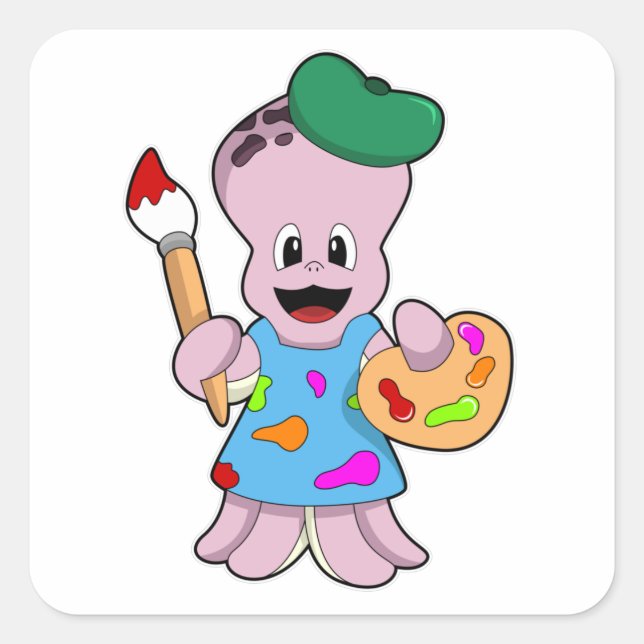 Adesivo Quadrado Octopus como Pincel com Pincel de Tinta (Frente)