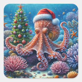 Adesivo Quadrado Octopus de Natal Vestindo um Chapéu Santa