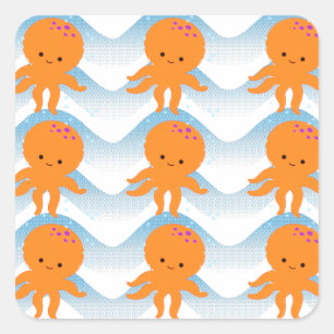 Adesivo Quadrado Octopus Laranja E Padrão De Ondas Azuis
