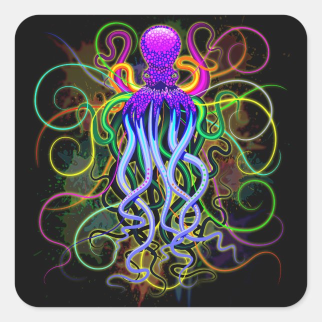 Adesivo Quadrado Octopus Luminescência Psicodélica (Frente)
