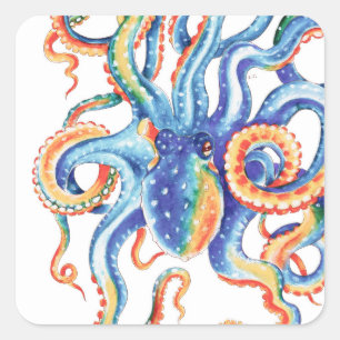 Adesivo Quadrado Octopus Tentáculos - Arte de Aquarela Colorida