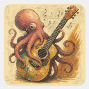 Adesivo Quadrado Octopus Tocando Violão Vintage Música Arte
