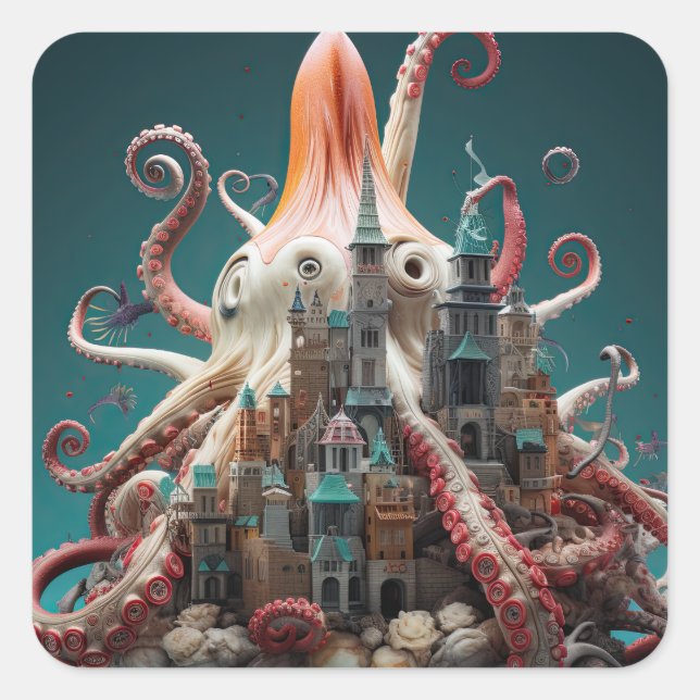 Adesivo Quadrado Octopus World Underwater Fantasy Ocean Abstrato (Frente)