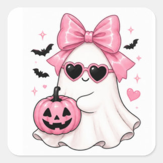Adesivo Quadrado Óculos de Sol Coração Fantasma com Laço Rosa