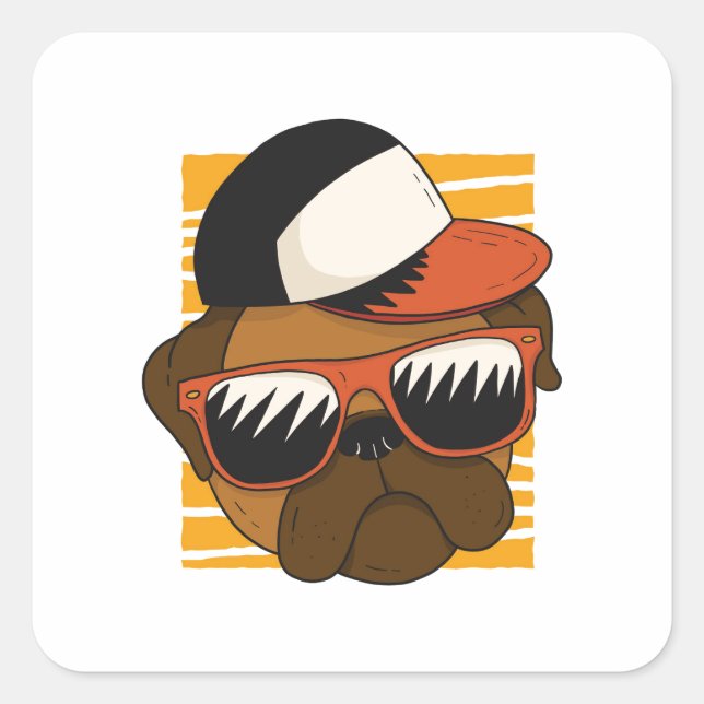 Adesivo Quadrado Óculos de Sol de Pug Design de Cabeça (Frente)