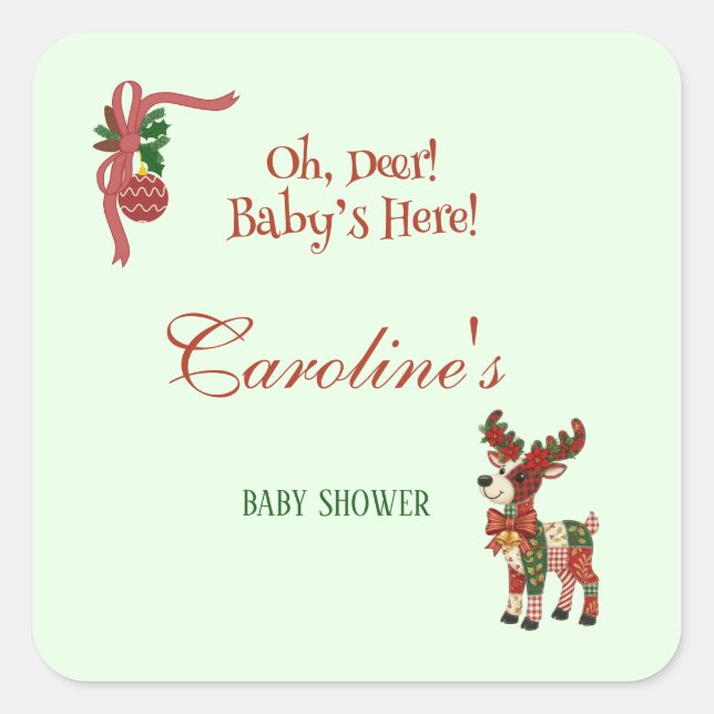 Adesivo Quadrado Oh, Deer! Baby’s Here! – Christmas Baby Shower (Frente)