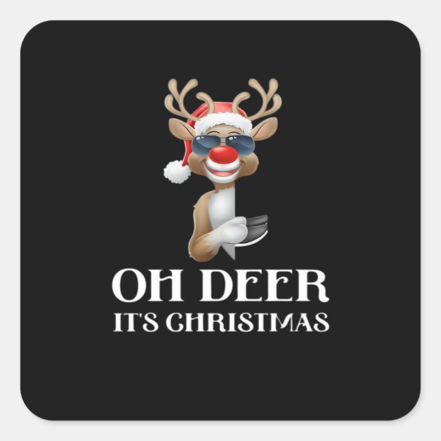 Adesivo Quadrado Oh Deer Its Christmas Reindeer With Red Nose And S (Frente)