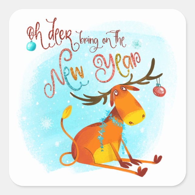 Adesivo Quadrado Oh Deer Traz O Novo Ano 2020, Cute Reindeer (Frente)