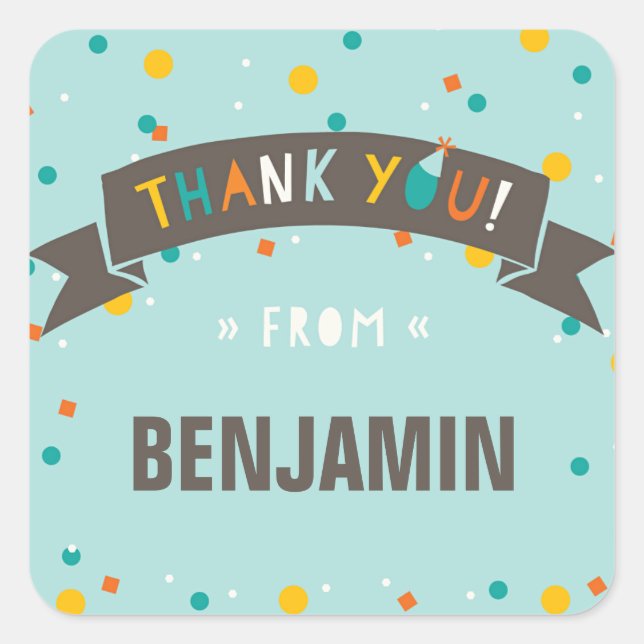 Adesivo Quadrado Oh Que Divertido Aniversário De Confetti Obrigado, (Frente)